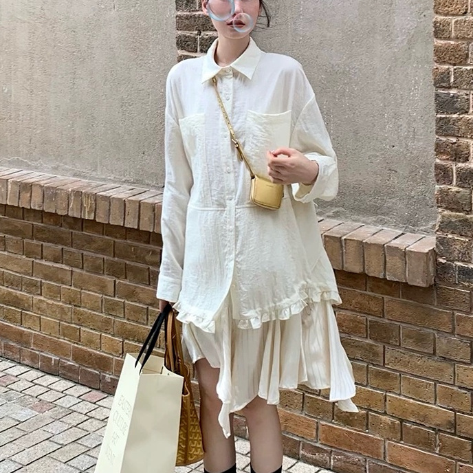 Special Edition Champagne Designer Style Irregular Fake Two-Piece Long-Sleeve Dress for Women in Vacation Style