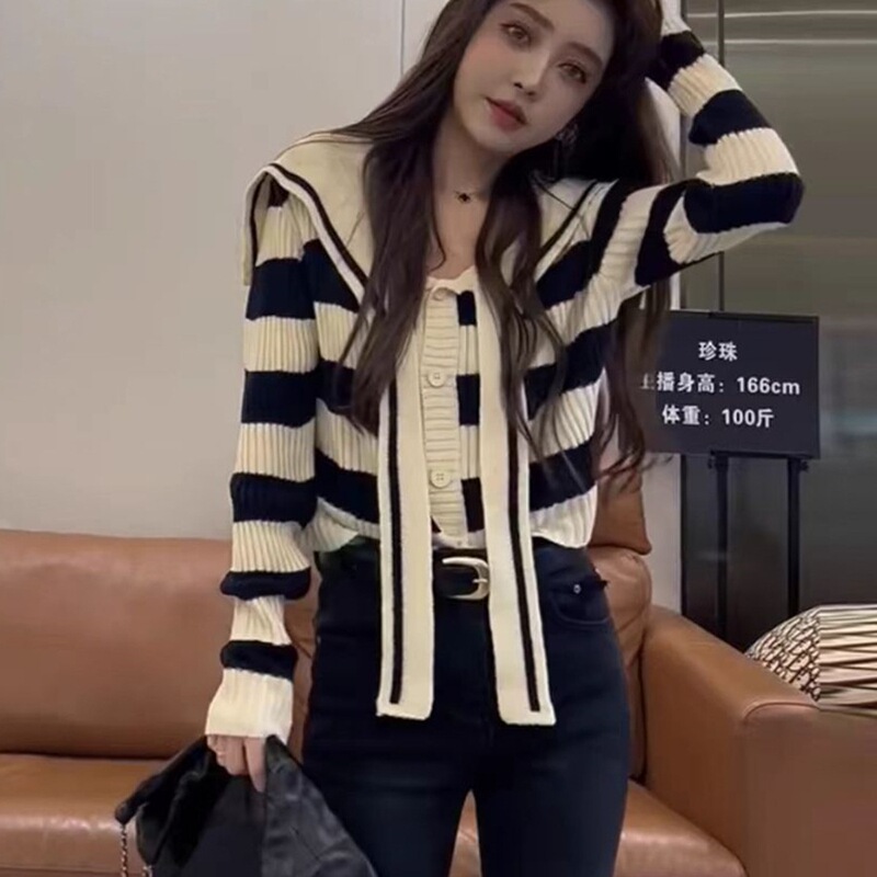 Designed Navy Collar Stripesd Knitwear for Women 2025 Autumn and Winter New Fashion Elegant Versatile Casual Long-Sleeved Knitwear
