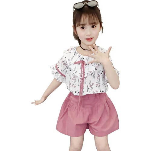 Girls' Summer Set  New Children's Short Sleeve Summer Clothes for Older Children Two-Piece Set for Little Girls Fashionable and Trendy