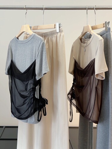 Gray fake two-piece mesh drawstring short-sleeve T-shirt women's summer high-end niche splicing all-match casual slimming top