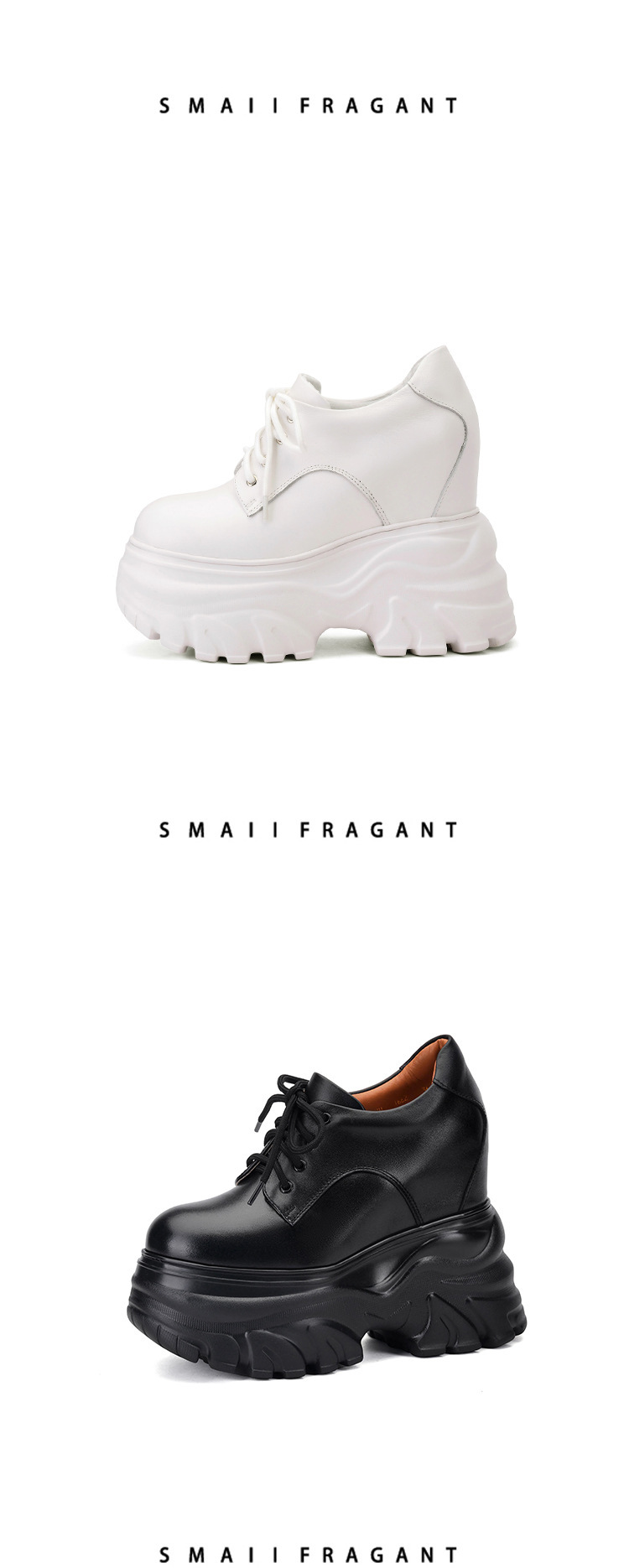 Giày sneaker nữ đế dày tăng chiều cao 12cm dây buộc da thật — Màu đen chi tiết 8