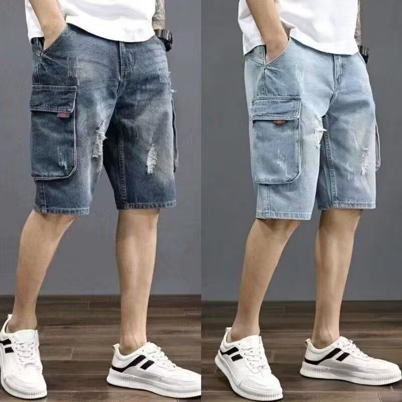 Multi-Pocket Loose Denim Shorts Men's Shorts Oversized Ripped Pants Vintage Jeans Crock Pants Breeches