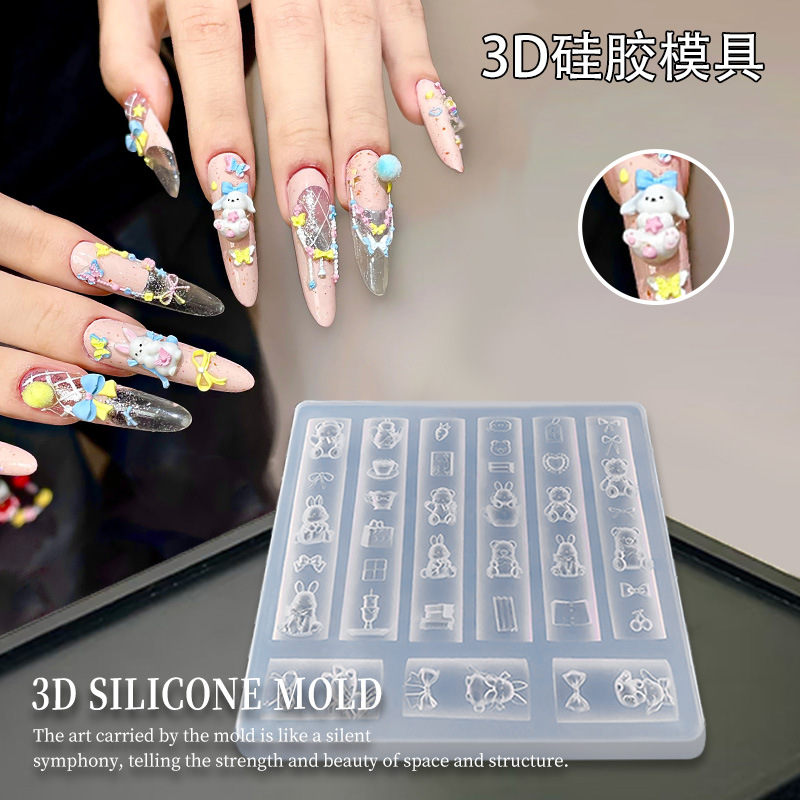 Nueva joyería de arte de uñas 3D molde tridimensional de silicona cadena de cuentas collar línea arco de dibujos animados uñas talladas abrasivo