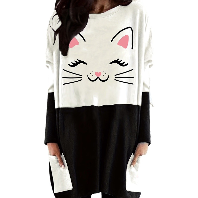 Women's long top black white bottom, cat print with pocket pullover, women's hoodie and pajama_voghion.com