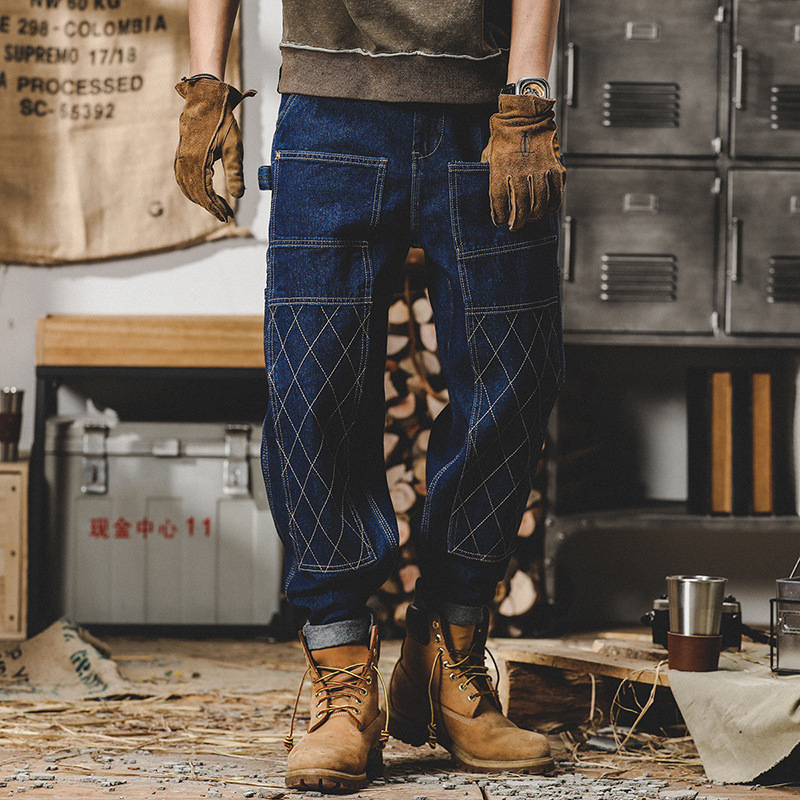 Jereno American retro workwear jeans men's autumn fashion brand loose bright line double knee logging straight pants men