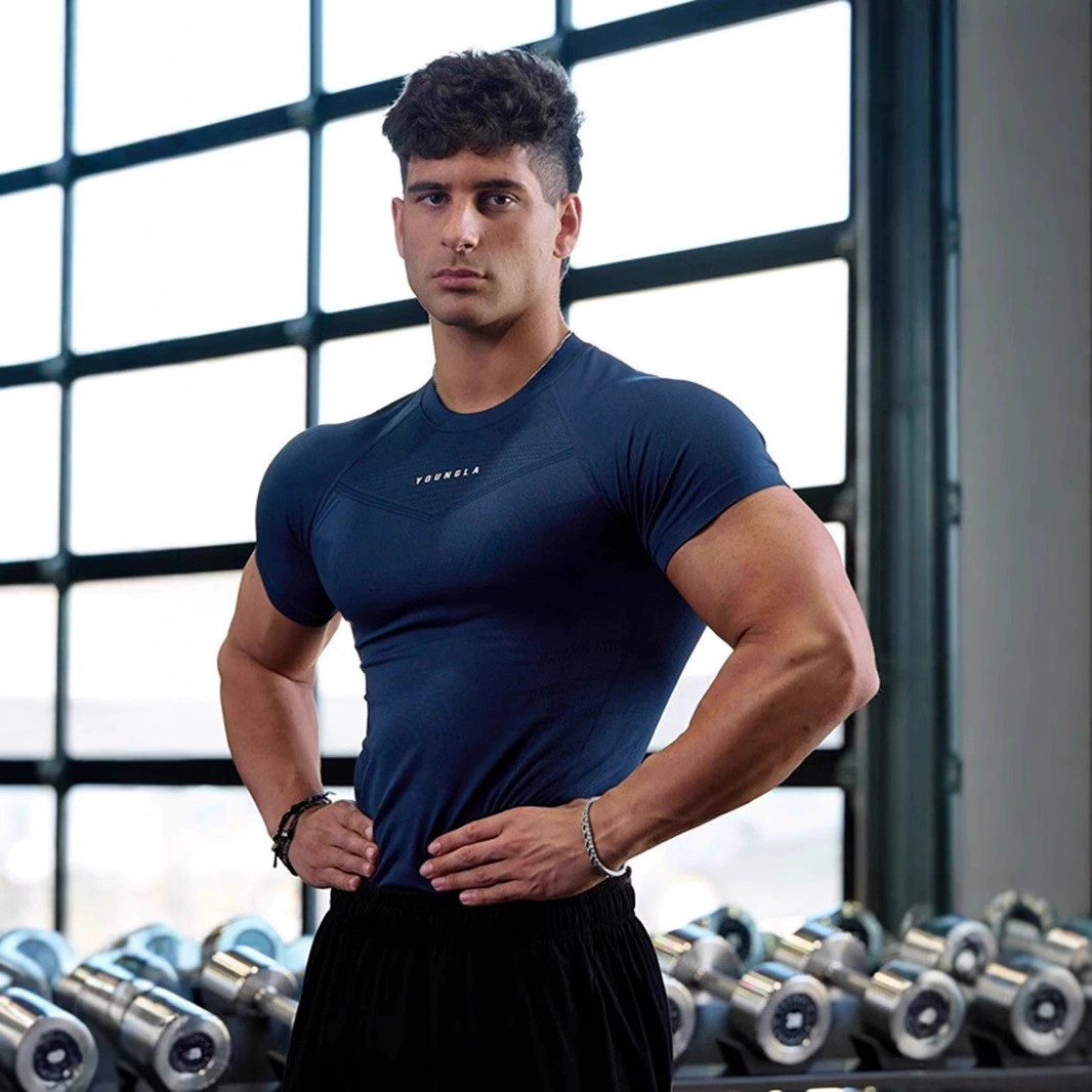 Трансграничные новые мужские костюмы для фитнеса с высокими пулями, тренировка футболка с короткими рукавами, тренер спортивные колготки для мужчин повседневные короткие рукава