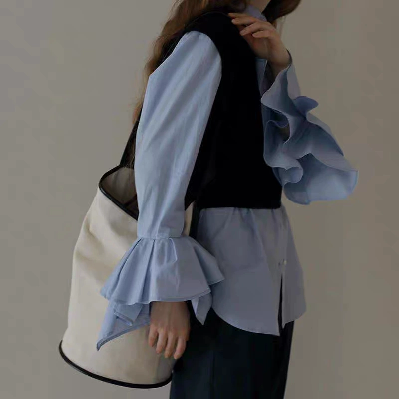 Сухой журавль Весна и лето новый японский стиль Простая рубашка с отворотом общественной безопасности с рюшами на рукавах свободный удобный топ для похудения для женщин