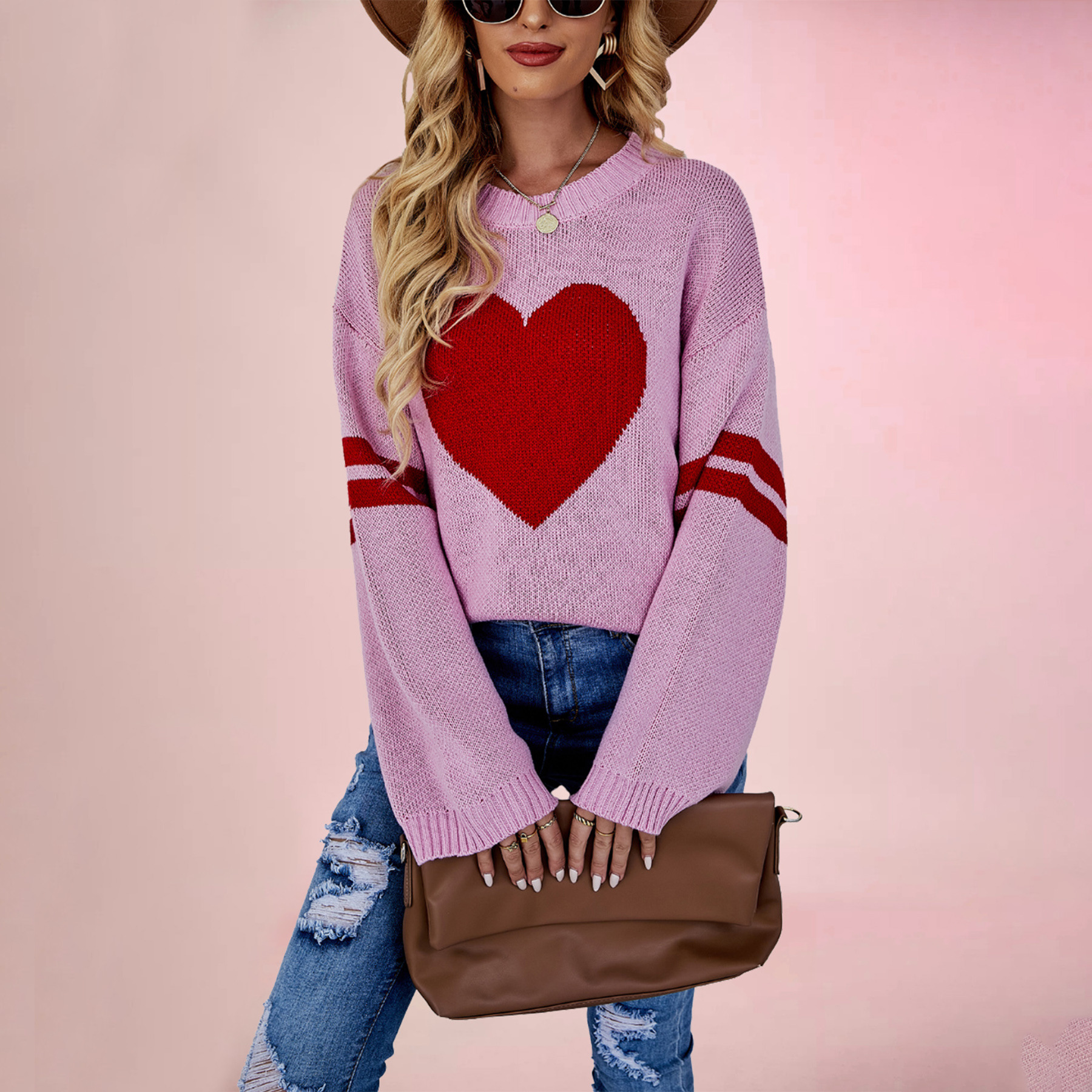 Suéter holgado de cuello redondo para mujer, diseño de corazón, estilo europeo y americano, novedad de invierno 2026, para el Día de San Valentín, disponible en Amazon.