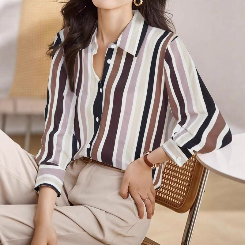 Striped Print Spring and Summer Fashion Trend Women's Casual Long-Sleeved Shirt, Lightweight, Comfortable and Breathable