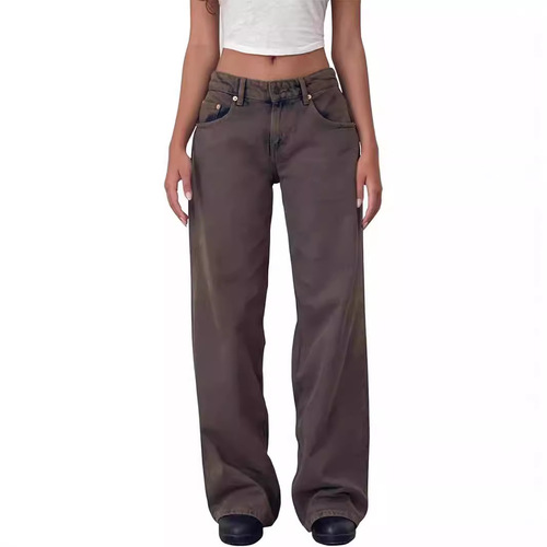 American Retro Low-Waist Stretchless Washed Straight Leg Jeans for Women Autumn Street Wide Leg Denim Pants Fresh and Sweet
