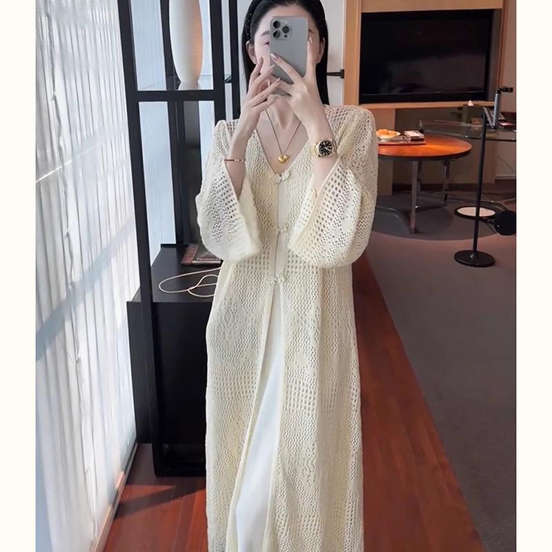 Chinese Style Disc Buckle Cut Out Crochet Long Knitted Jacket Summer New Style Gentle Style Sun Protection Thin Loose Cardigan