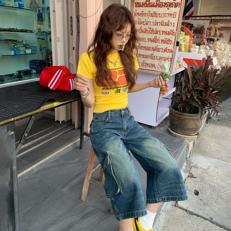 Yc&2 Color American Retro Low-Waist Cropped Pants High Street Workwear Wide-Leg Pants Spring and Summer Versatile Straight-Leg Jeans for Women