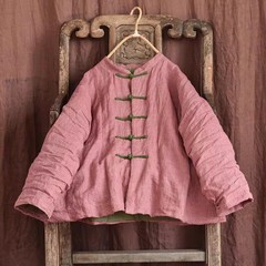 亚麻新中式盘扣条纹宽松棉服女小众棉麻女装棉衣禅修