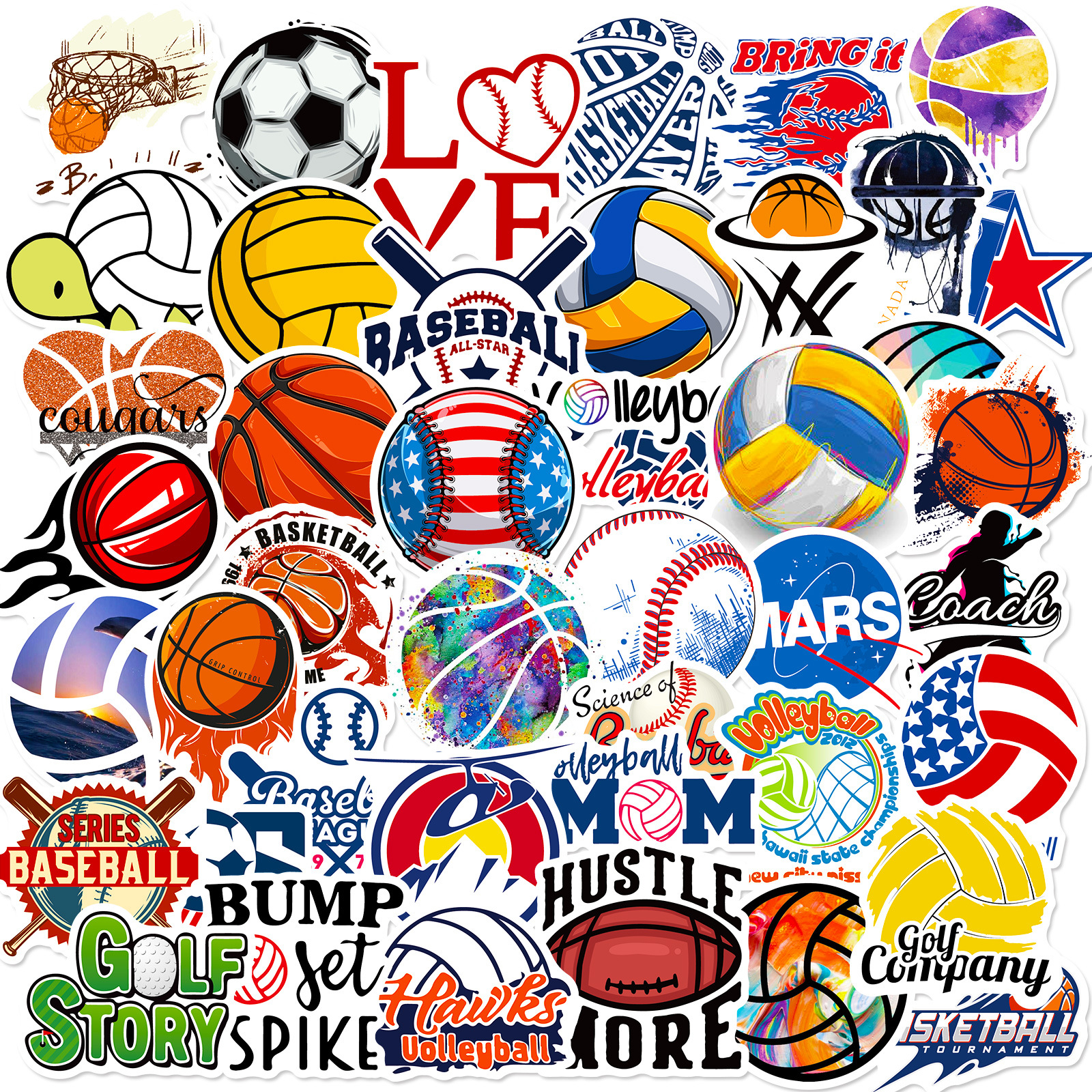 50 piezas de creación propia pelota deportes pegatinas rugby voleibol softbol fútbol NBA baloncesto deportes colección pegatinas