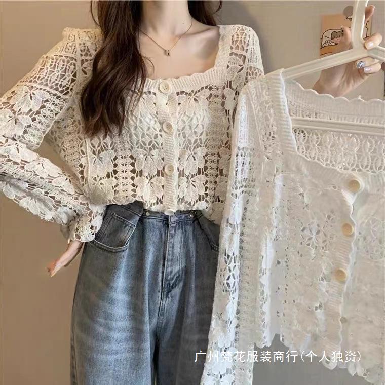 New Autumn and Winter Square Collar Western Style Hollow Knitted Cardigan Women's Lazy Style Design Sense Loose All-match Jacket Trendy