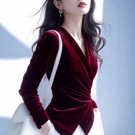 250034轻奢独特绝美内搭上衣高级感气质通勤优雅风红色衬衫女春季