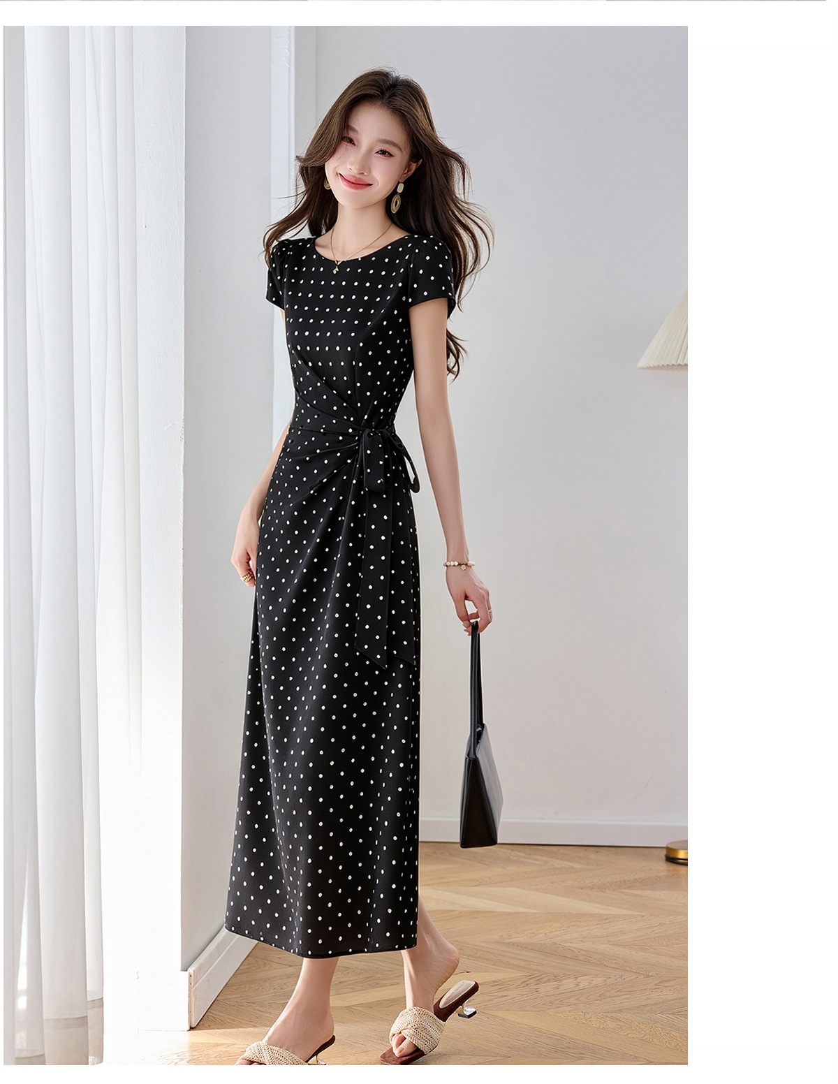 Đầm maxi nữ thắt eo tay ngắn họa tiết chấm bi phong cách nghỉ dưỡng — màu đen, màu trắng chi tiết 20