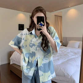 小个子印花短袖衬衫女夏季设计感小众学院风宽松上衣