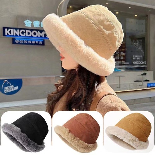 Winter Thick Fleece Warm Fisherman Hat for Women, Windproof and Cold-Proof Ear Bucket Hat for Northern China Winters, with Rolled Edge Mongolian Style Hat
