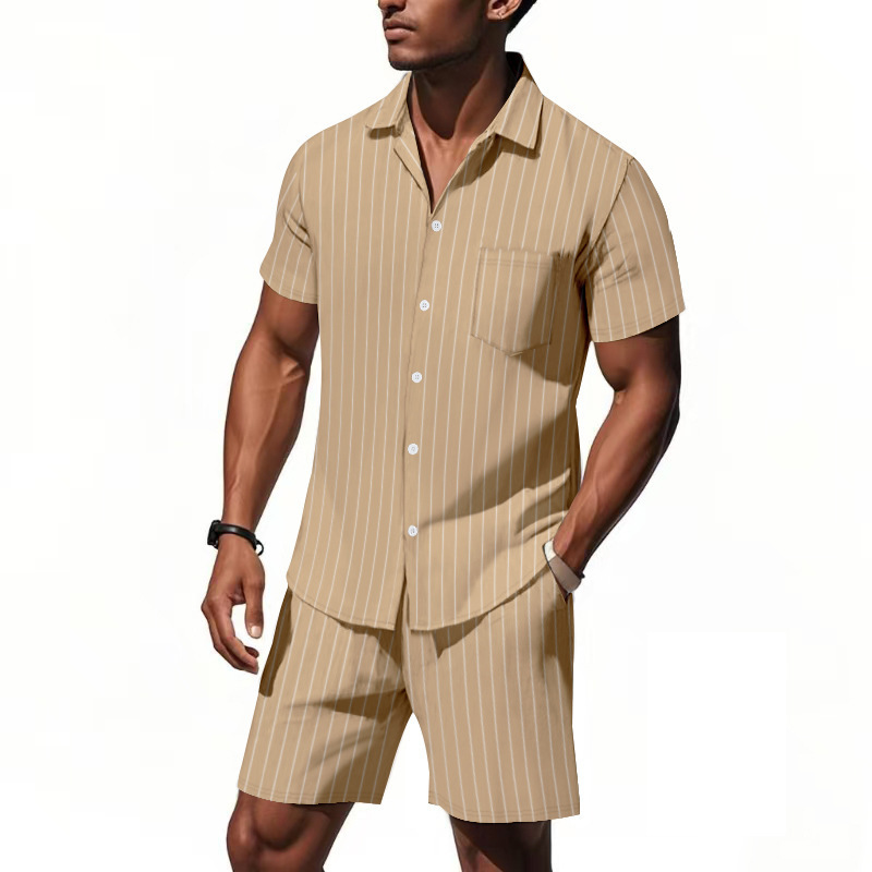 Traje de lino de verano de Amazon transfronterizo Camisa de manga corta suelta jacquard a rayas para hombre Pantalones cortos de playa de dos piezas