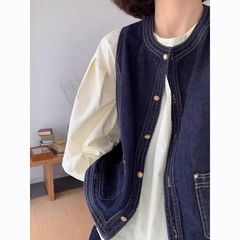 日系复古牛仔马甲女春秋小个子短款叠穿衬衫小坎肩外搭上衣马夹