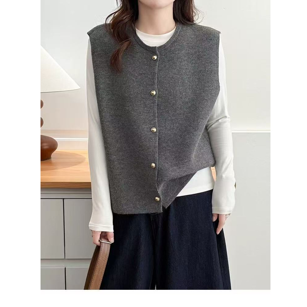 Botón de cordillera suave de cuello redondo nuevo estilo casual de una sola pieza de chaleco de mujer image 4