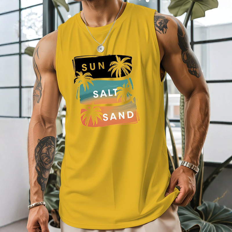 Amazon Beach Coconut Tree Print Sleeveless Round Neck T-Shirt Men's Vacation Casual Vest Cross-Border Dropshipping