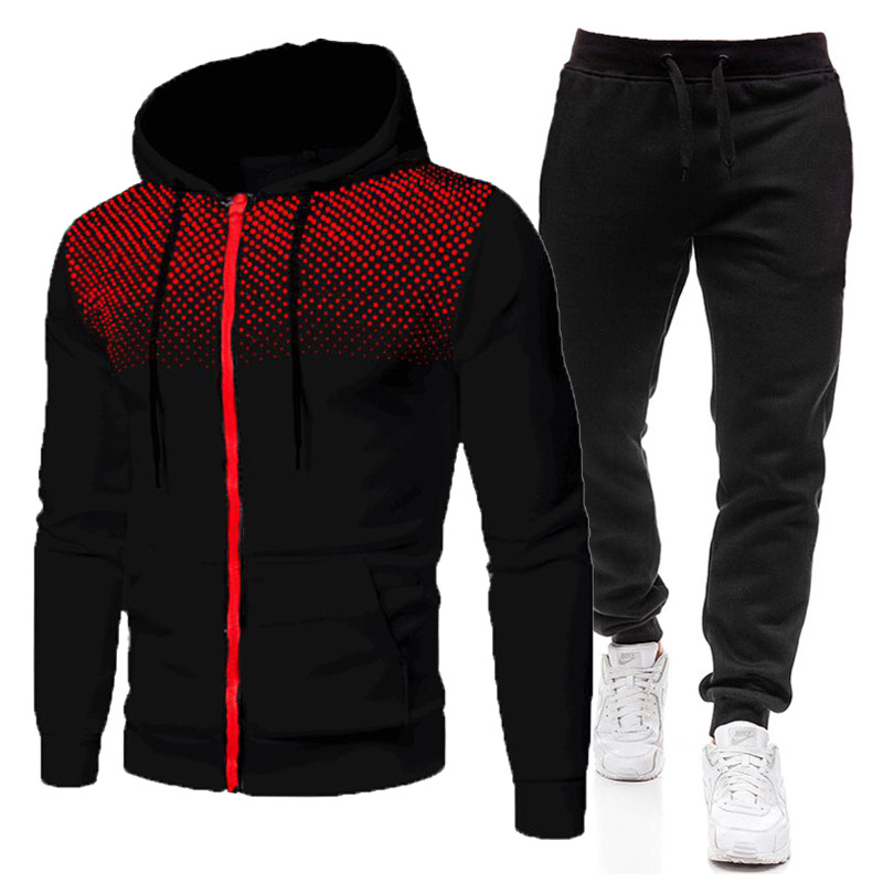 Neues einfarbiges Reißverschluss-Set mit rundem Punktdruck für Herbst-Winter-Plüsch-Herren-Damen-Sport-Hoodies, Pullover und Hosen_voghion.com