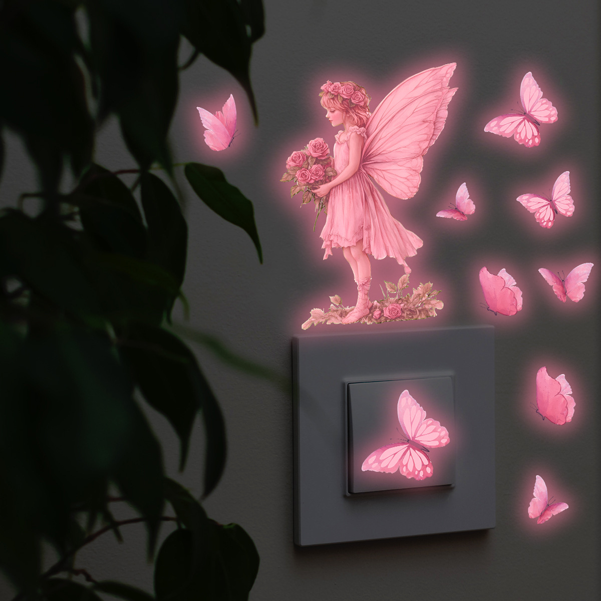 New ACCYG028 Luminous Pink Butterfly Fairy Wall Stickers Children's Room Living Room Wall Decoration Stickers Self