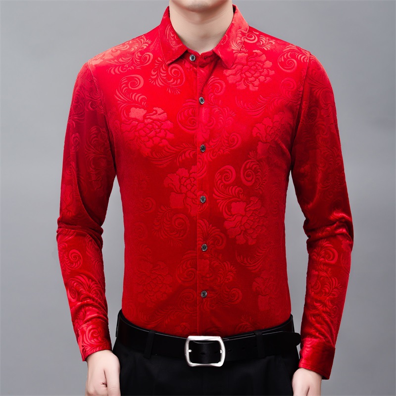 A principios del otoño camisa de terciopelo dorado retro delgada para hombres papá de mediana edad casual de los hombres usa camisa de manga larga sin planchar