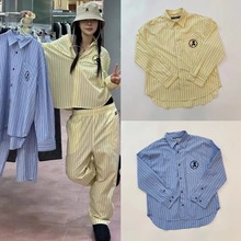 韩国小众 24新款 口袋休闲刺绣条纹衬衫中长款宽松衬衣女外套