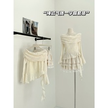 纯欲气质一字肩不规则长袖上衣女早春新款收腰显瘦蛋糕短裙两件套