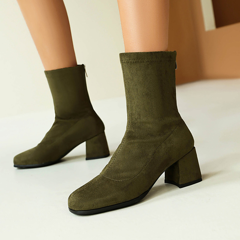 Ebay Export Model 2026 New Autumn and Winter High-Heeled Short Boots 40-48 Large Size Elegant Round-Toe Suede Low-Cut Women's Boots