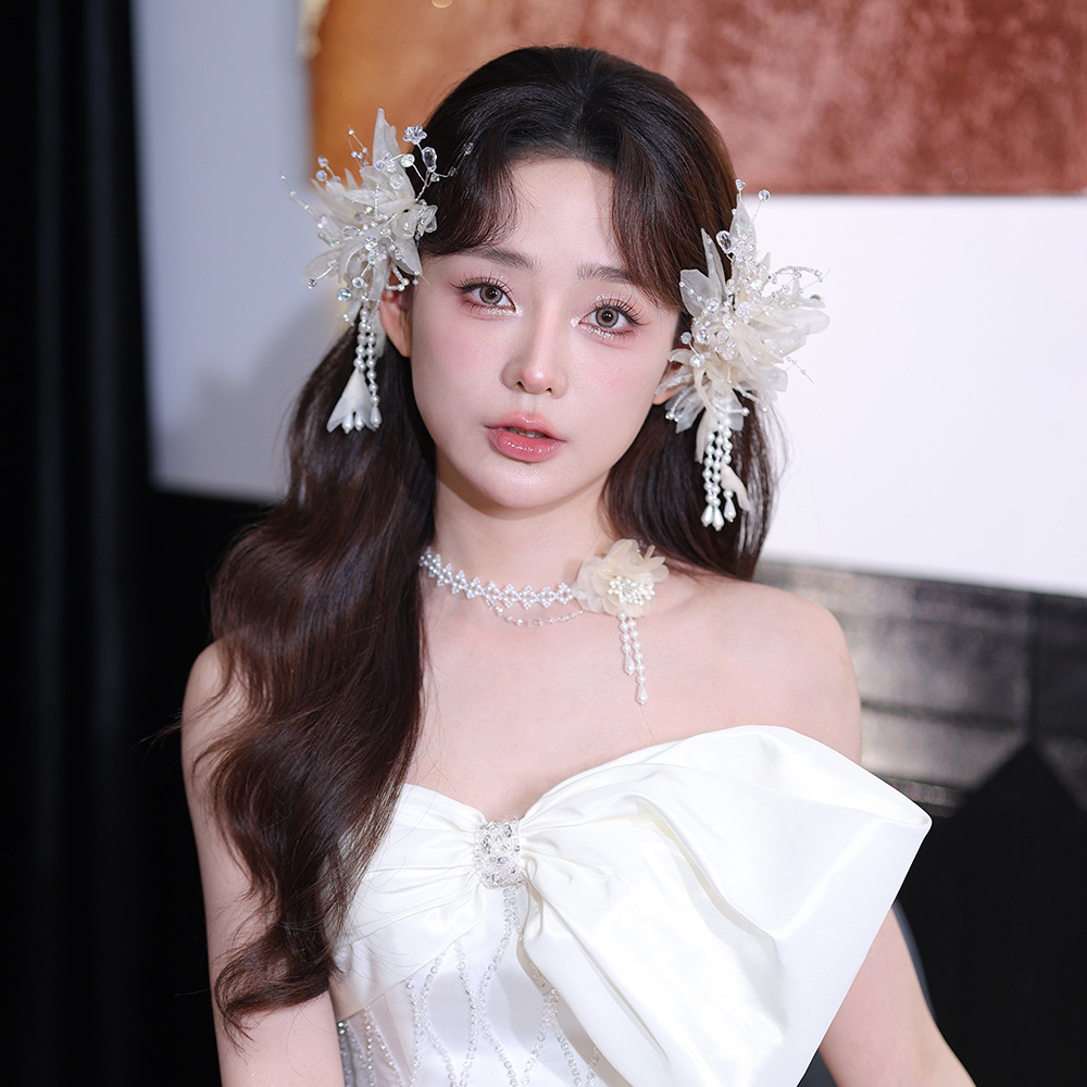 2024 Korean-style sweet flower double clip pearl tassel hairpin bead necklace photo studio photo bride headdress