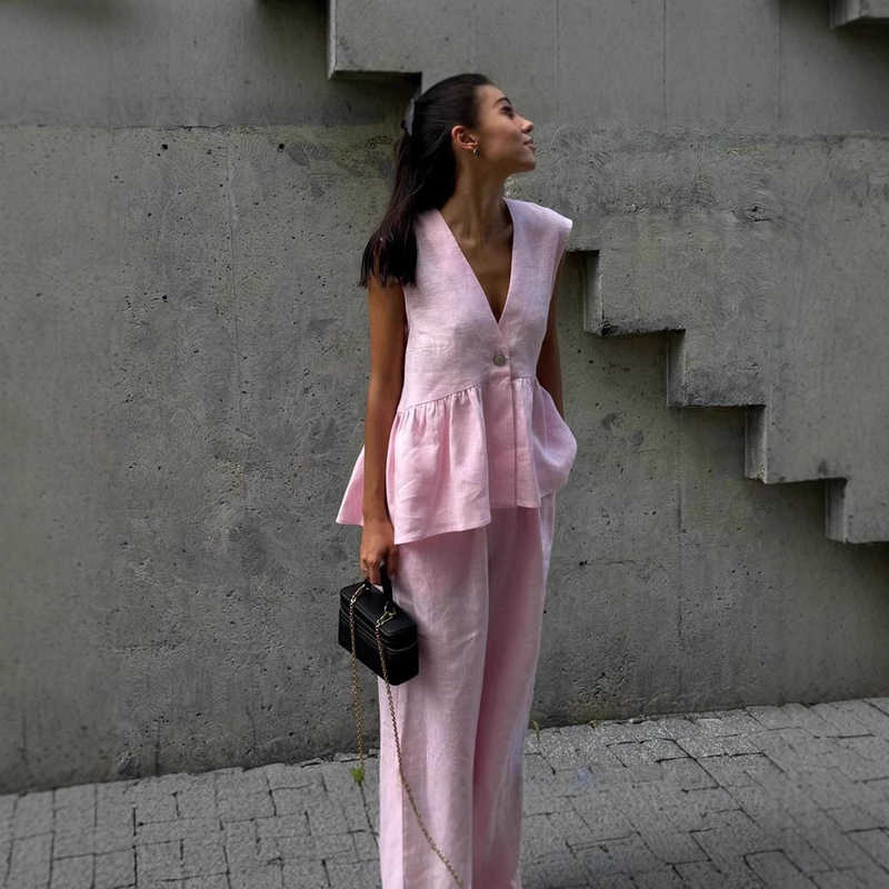 2025 Cotton V Neck Sleeveless Top Vest Pants Suit Women's European and American New Pure Color Elegant Work Clothing Two-Piece Set