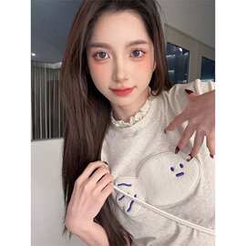 灰色卡通植绒短袖T恤女2026夏季新款设计感修身掐腰显瘦短款上衣