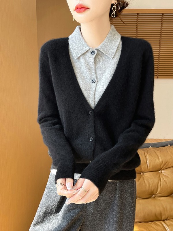 polo领纯羊毛假两开衫件外套女软糯亲肤宽松休闲百搭拼色外搭毛衣|undefined