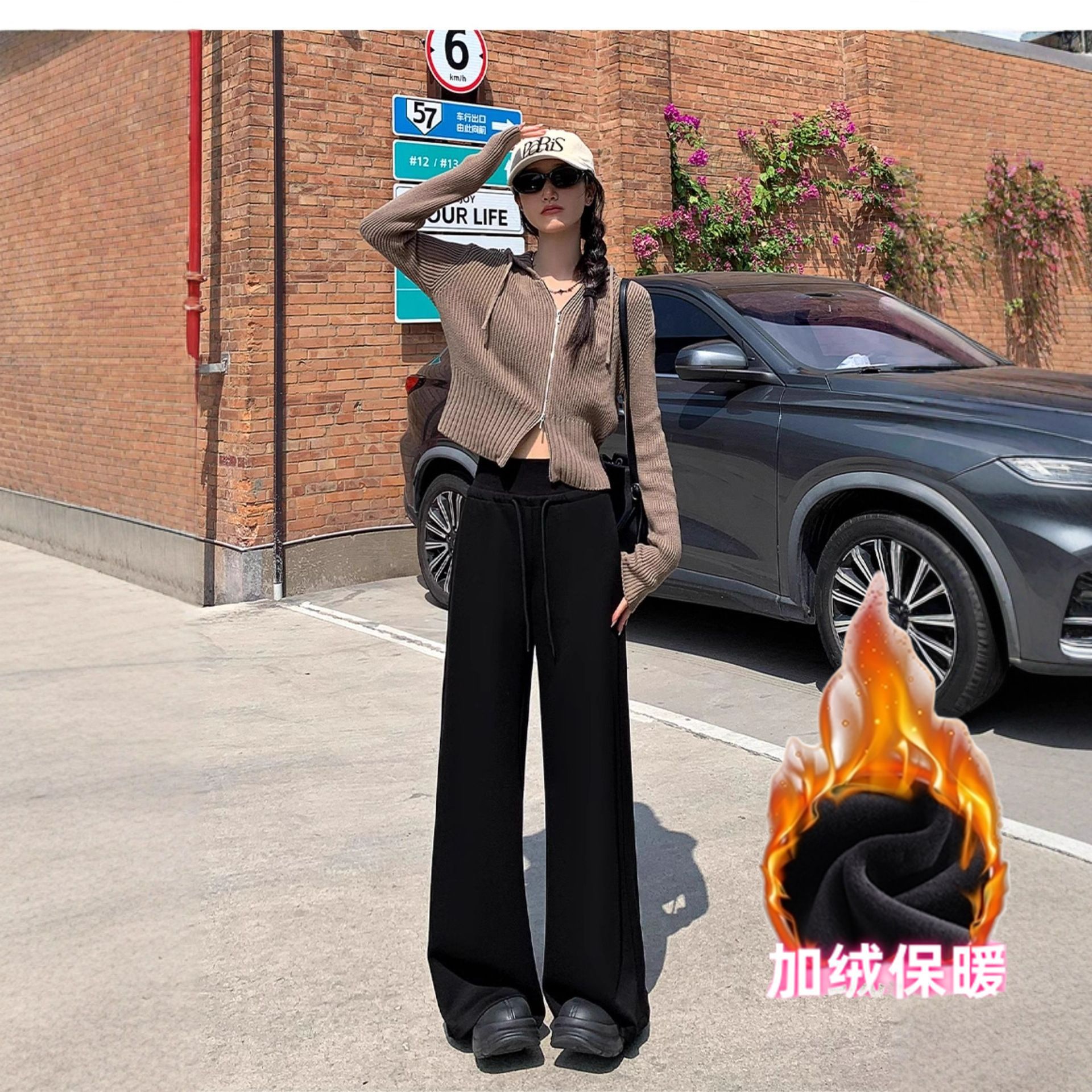 抖音品質の裏起毛ハイウエストスポーツパンツ レディース 2025年新作 アメリカンカジュアル 着痩せ効果のあるスウェットパンツ ストレートワイドレッグパンツ