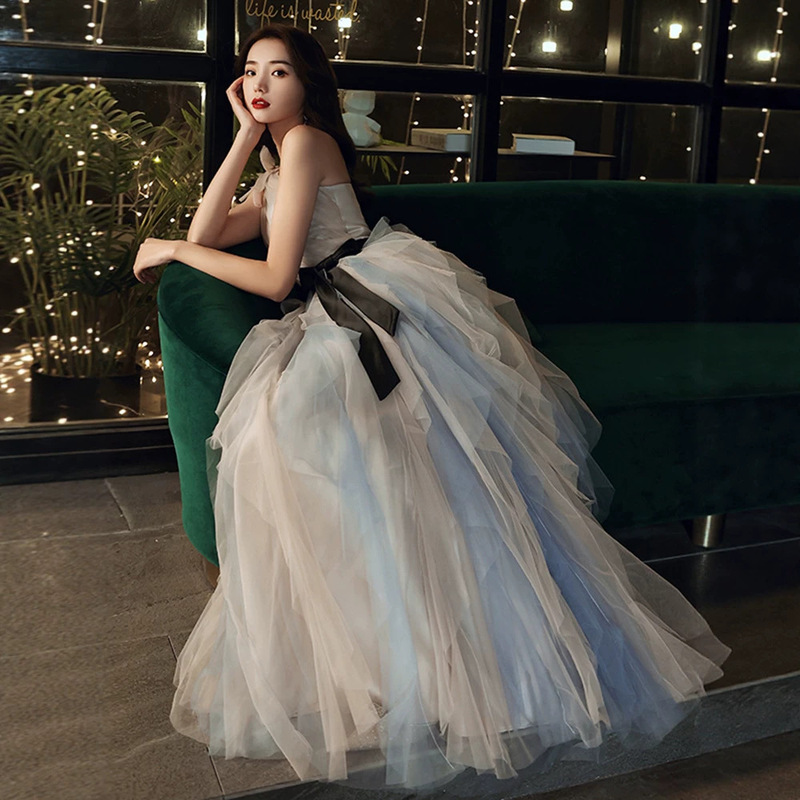 Annual Meeting Evening Dress for Women, High-End Style with Belt, Off-Shoulder Design, Elegant Hostess Dress, Piano Performance Dress