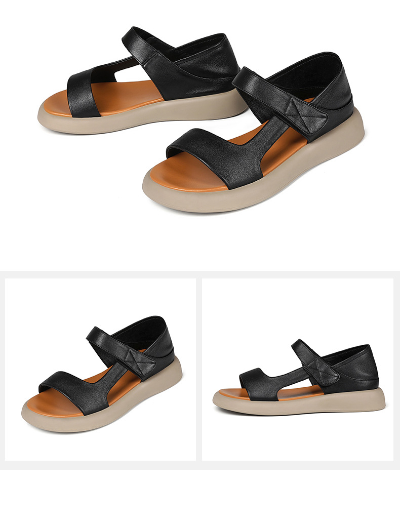 Sandal nữ đế bệt da thật mềm quai chữ V đi biển hằng ngày — Màu đen chi tiết 32