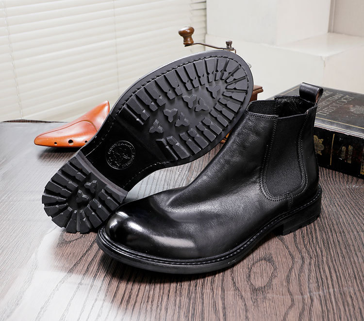 Men's thick soled cowhide leather shoes high-top slip-on ankle boots round head leather breathable_voghion.com