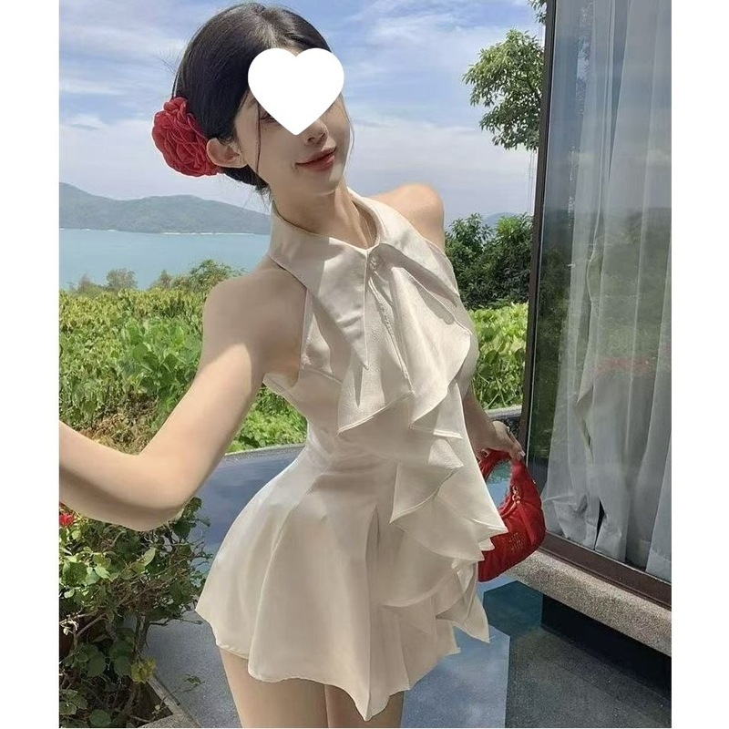 温柔风甜美荷叶边无袖衬衫上衣女夏法式气质中长款收腰修身衬衣裙|undefined