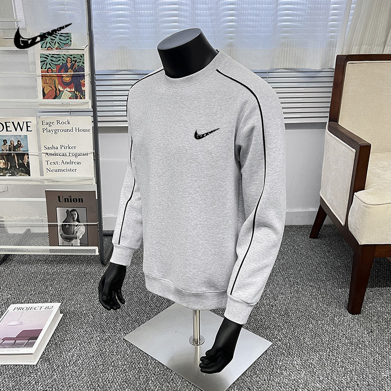 Trendy Brand Round Neck Sweatshirt for Men Black Thickened Spring and Autumn Couple Contrast Striped Loose Casual Sports Top for Men