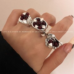 新中式血紅石榴天然石手工串珠戒指 ins高級感銀色寬版熔岩指環戒