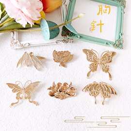 合金点翠芍药蝴蝶贝壳螺钿胸针汉服别针DIY底胚仿烧蓝