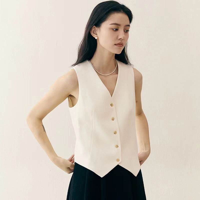 French Retro Fashion Tight Waist Short Vest Jacket Women's Summer High-end Sense Elegant V-neck White Suit Vest