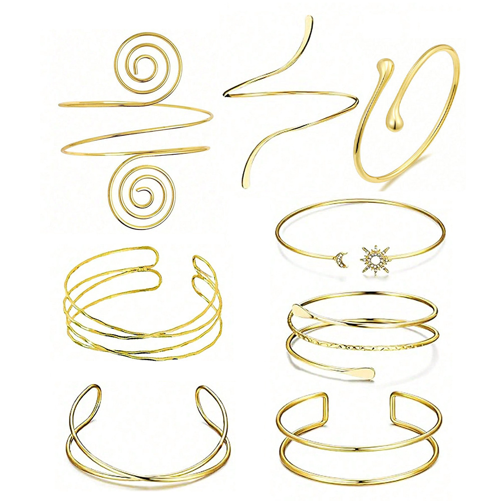 Factory Direct Sales Multi-Piece Set of Irregular Line Embossed Leaf Water Drop Arm Bracelets Geometric Open Arm Bangles for Women