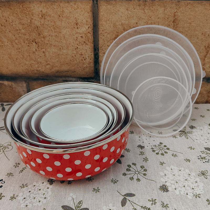 Esmalte de esmalte con tapa hogar fresco mezclado ensalada frutero refrigerador almacenamiento apilable 5 piezas tazón de arroz tazón de sopa