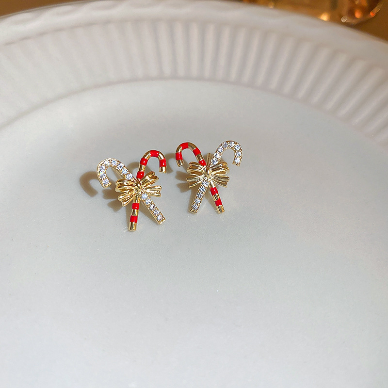 Christmas earrings small cane bow exquisite cute sweet earrings silver needle earrings winter new products_voghion.com