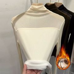 2025年新款网纱上衣加绒雪纺衫女t恤半高领蕾丝打底衫女早秋内搭